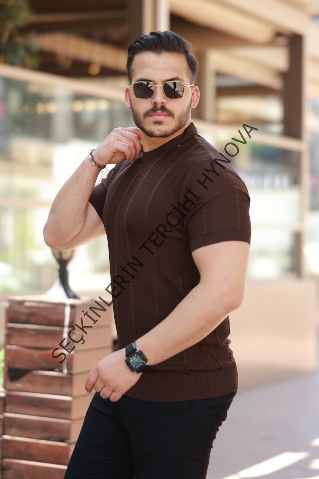 Erkek Desenli çizgi Kabartmalı Kısa Kollu Tişört