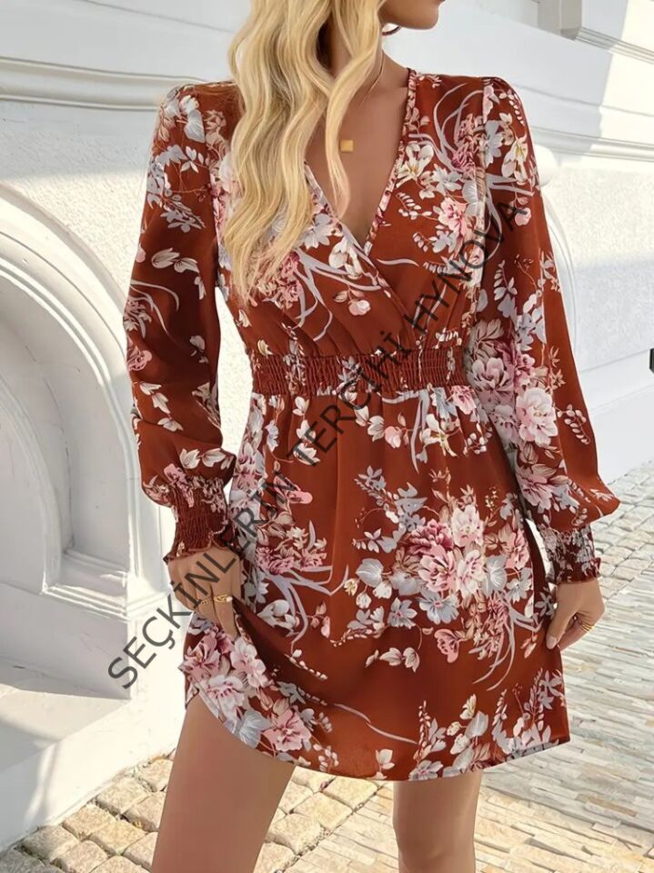 Kadın Uzun Kollu Kruvaze Yakalı çiçek Desenli Mini Süprem Elbise