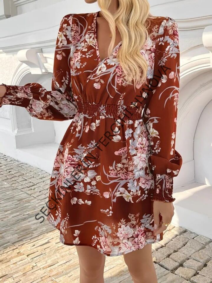 Kadın Uzun Kollu Kruvaze Yakalı çiçek Desenli Mini Süprem Elbise