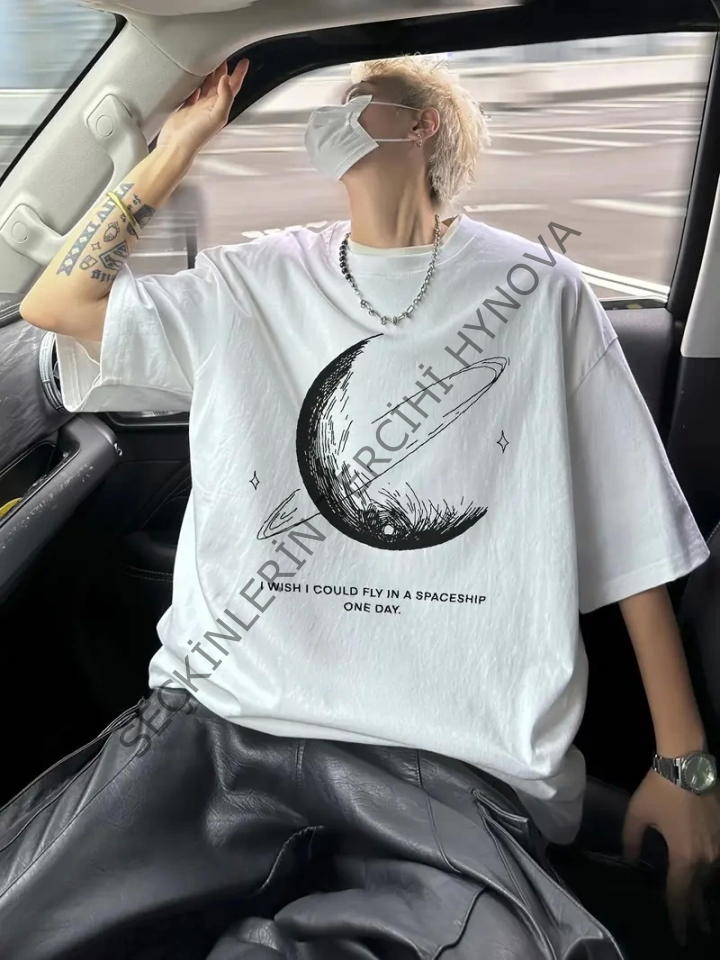 Baskılı Oversize Bisiklet Yaka T-shirt - Beyaz