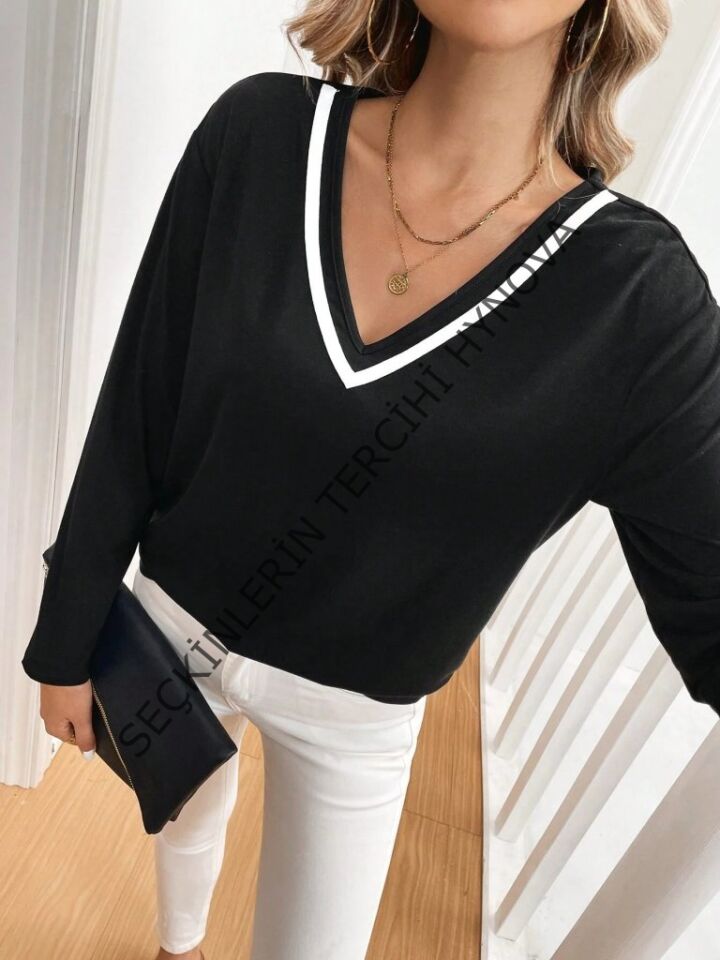Kadın Uzun Kollu V Yakalı Viskon Iki Iplik Bluz