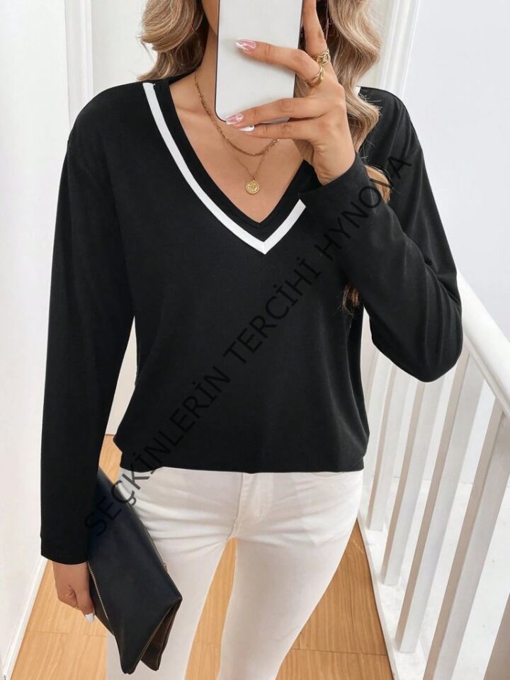 Kadın Uzun Kollu V Yakalı Viskon Iki Iplik Bluz