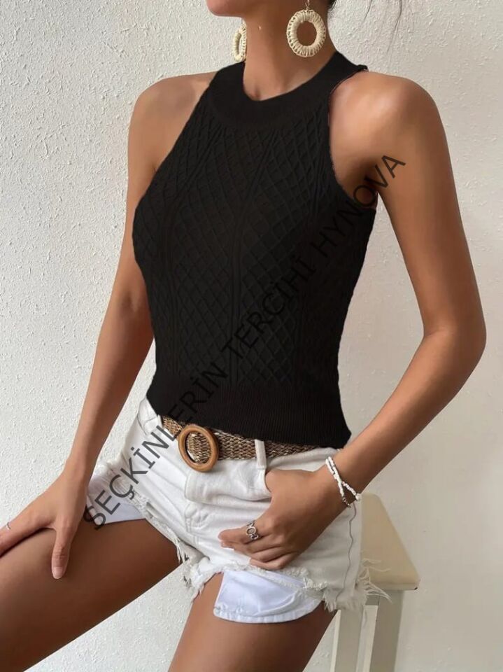 Kadın Kolsuz Halter Yaka Mini Baklava Desenli Triko Bluz