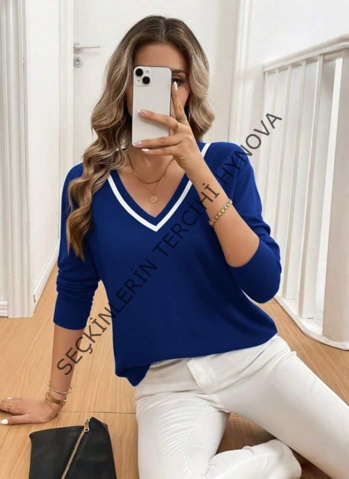 Kadın Uzun Kollu V Yakalı Viskon Iki Iplik Bluz