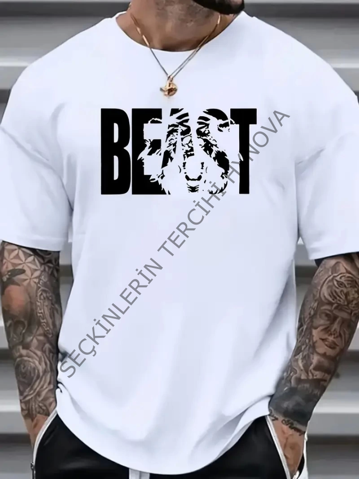 Baskılı Oversize Bisiklet Yaka T-shirt - Beyaz