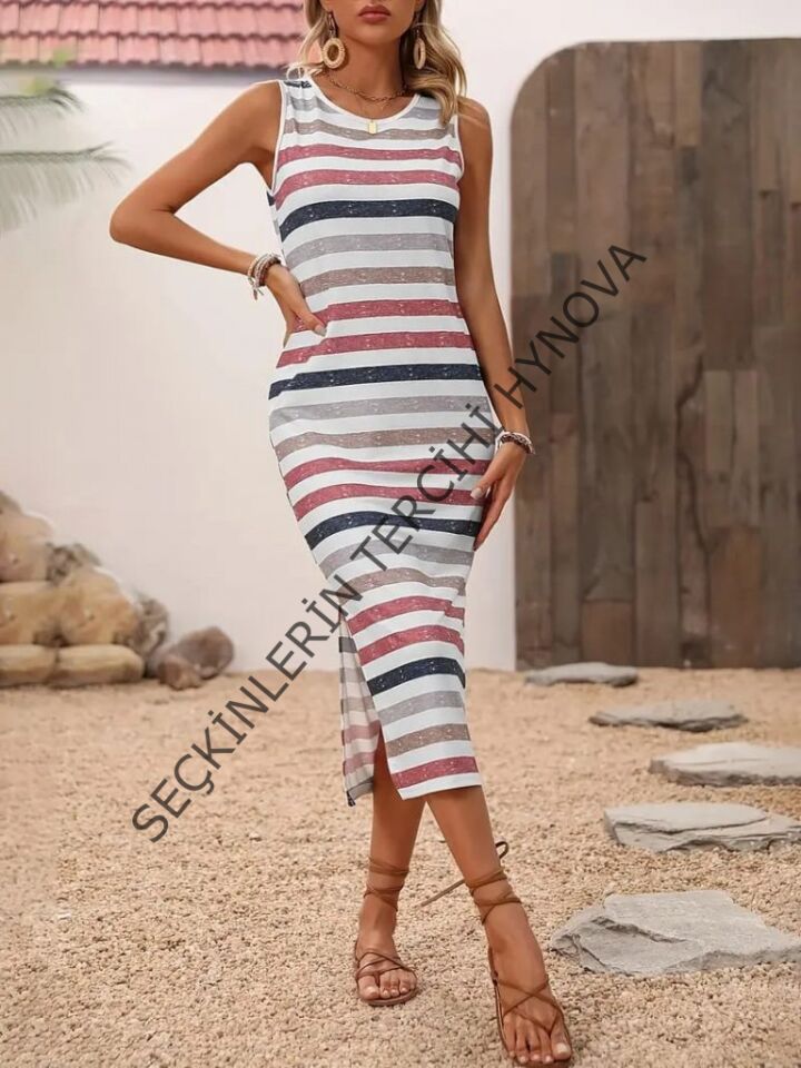 Kadın Yuvarlak Yaka Kolsuz Yandan Yırtmaçlı Midi Uzun Elbise