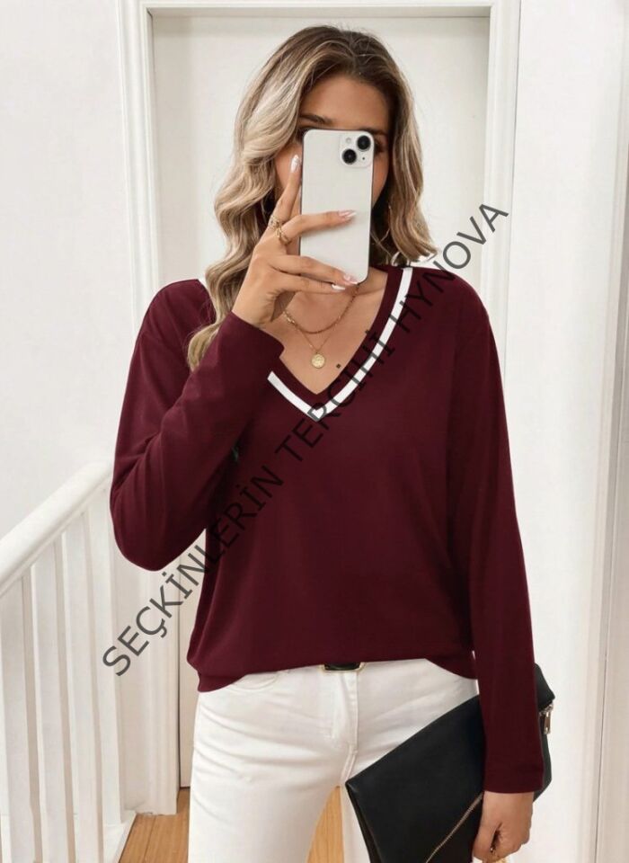 Kadın Uzun Kollu V Yakalı Viskon Iki Iplik Bluz