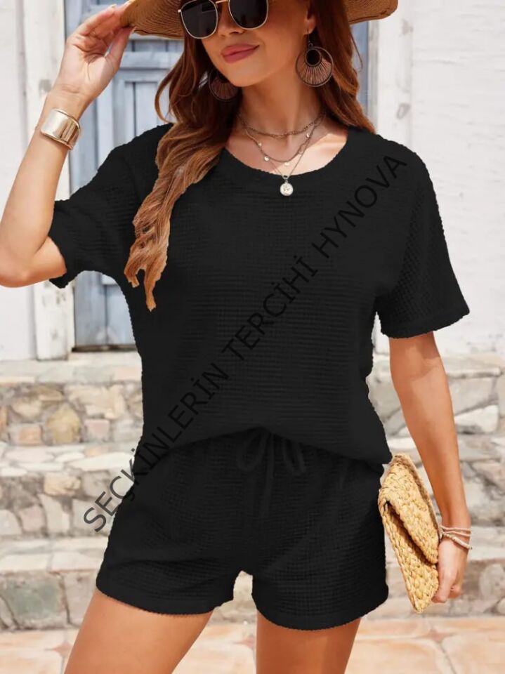 Kadın Kısa Kollu Bisiklet Yaka Alt Ve üst Waffle Ikili Takım