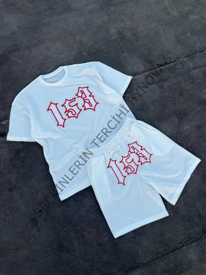 Erkek Nakış İşlemeli Şortlu Takım - Beyaz