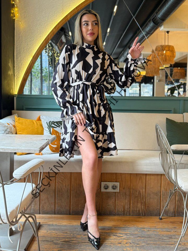 Kadın Uzun Kollu Yarı Balıkçı Yaka Geometrik Desen Kısa şardonlu Dalgıç Elbise