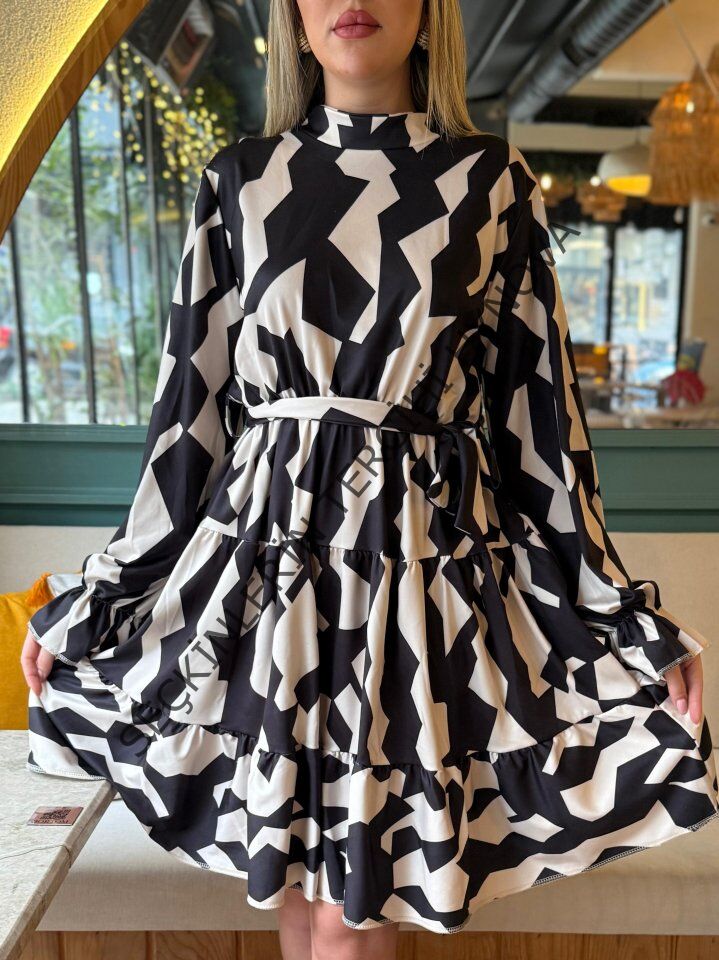 Kadın Uzun Kollu Yarı Balıkçı Yaka Geometrik Desen Kısa şardonlu Dalgıç Elbise