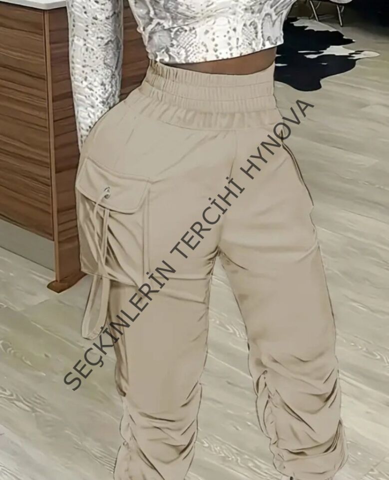 Kadın Yüksek Bel Beli Lastikli Kargo Cep Detaylı Gabardin Pantolon