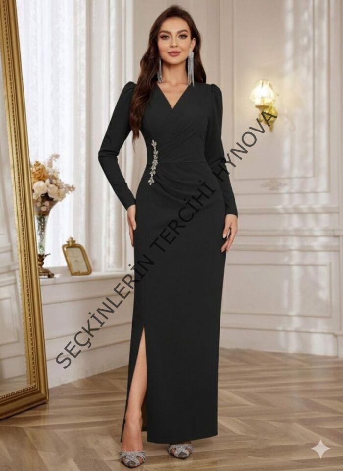 Kadın Uzun Kollu Kruvaze Yakalı Yanları Taşlı Yırtmaçlı Uzun Ithal Krep Elbise