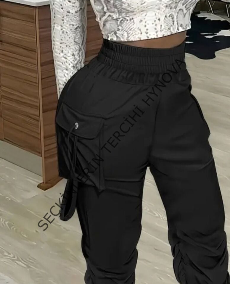 Kadın Yüksek Bel Beli Lastikli Kargo Cep Detaylı Gabardin Pantolon