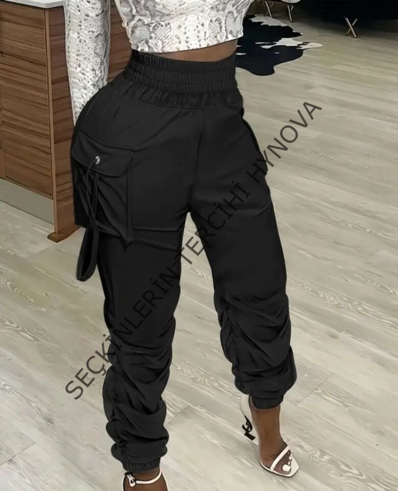 Kadın Yüksek Bel Beli Lastikli Kargo Cep Detaylı Gabardin Pantolon