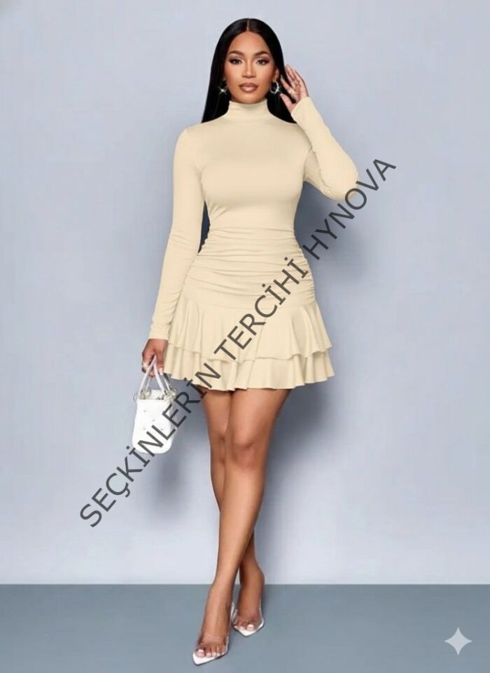 Kadın Uzun Kollu Balıkçı Yaka Mini Fırfırlı Sandy Elbise