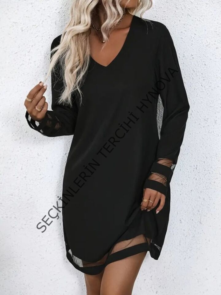 Kadın Uzun Kollu V Yakalı şeritli Tül Detaylı Ithal Krep Elbise