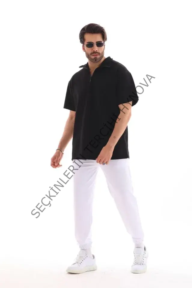 Unisex Yarım Fermuarlı Düz Oversize T-shirt - Siyah