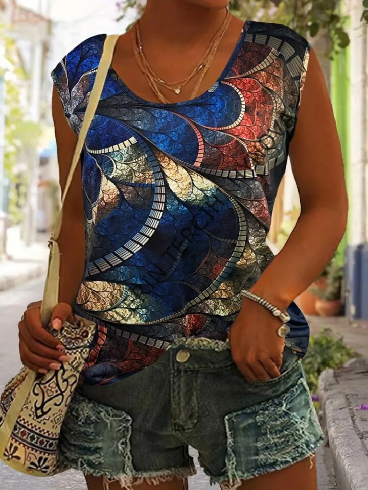 Kadın Sıfır Kol Yuvarlak Yaka Karışık Renkli Baskılı Süprem Bluz