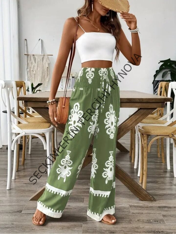 Kadın Yüksek Bel Büzgülü Etnik Desen Baskılı Süprem Pantolon