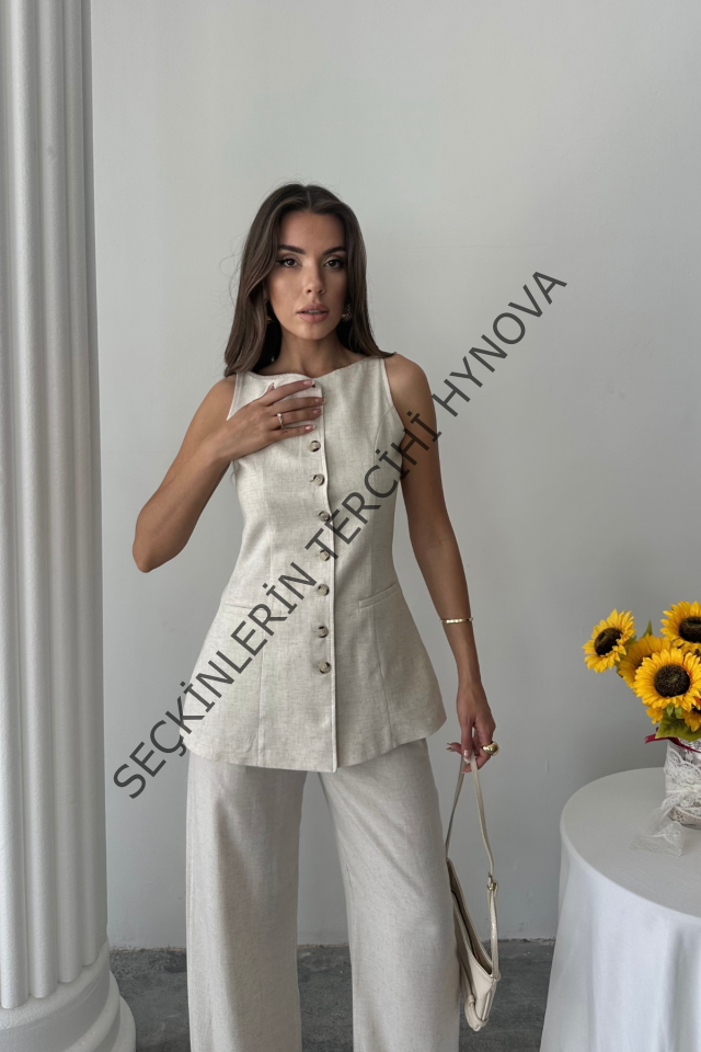 KETEN YELEK - PANTOLON TAKIM - Taş