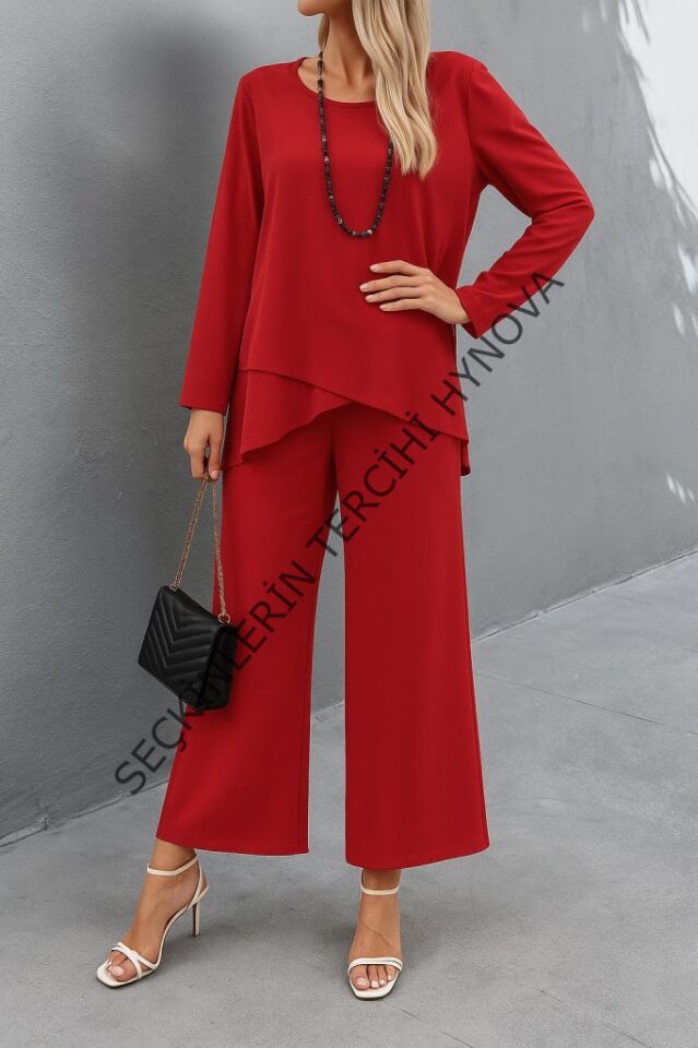 Kadın Uzun Kollu Asimetrik Detaylı Salaş Sandy Bluz Ve Pantolon Ikili Takım