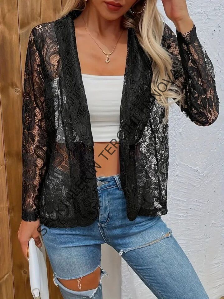 Kadın Uzun Kollu Yakalı önü Açık Dantelli Ceket