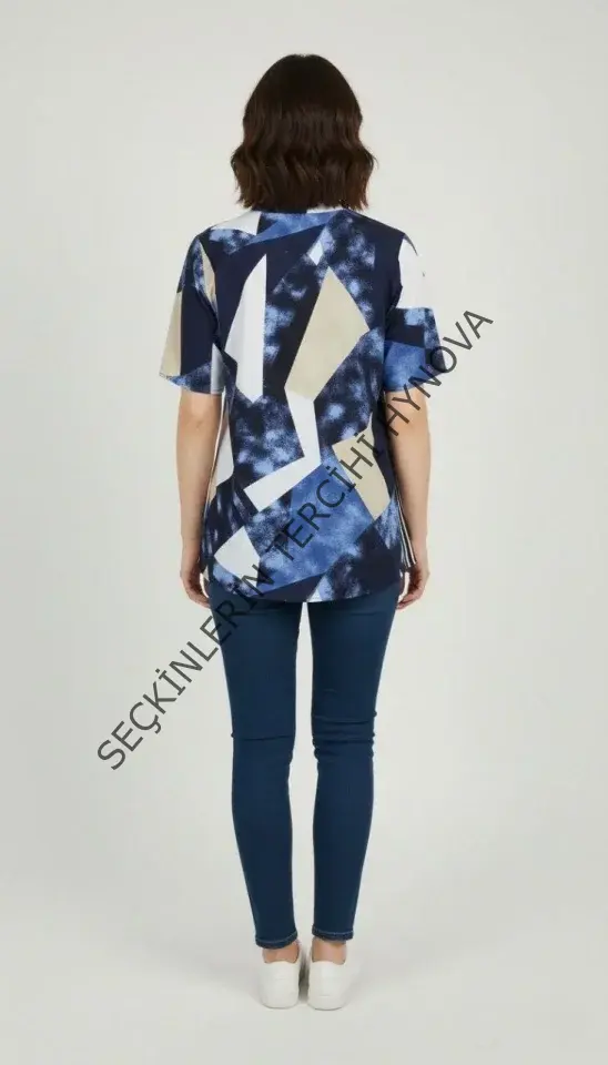 Desenli Püsküllü Viskon Bluz Bebe Yaka Kısa Kollu Big Size Rahat Kesim - Desenli