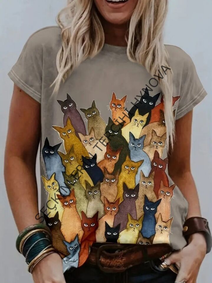 Kadın Kısa Kollu Bisiklet Yaka Kedi Desenli Süprem Bluz