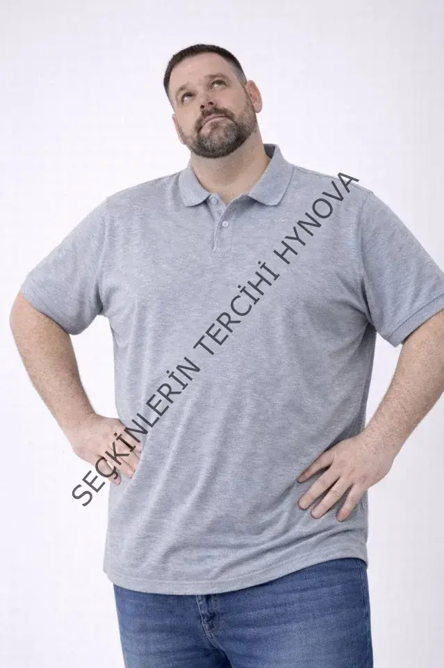 Erkek Pike Kumaş Düğmeli Yaka Battal Büyük Beden Günlük Kısa Kol Tişört T-shirt - Gri