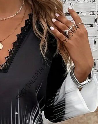 Kadın Uzun Kollu V Dantel Yaka Desenli Modal Bluz