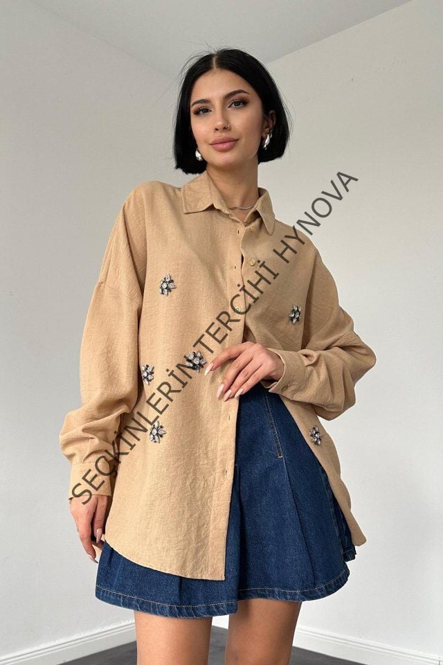Bej Taş İşlemeli Gömlek