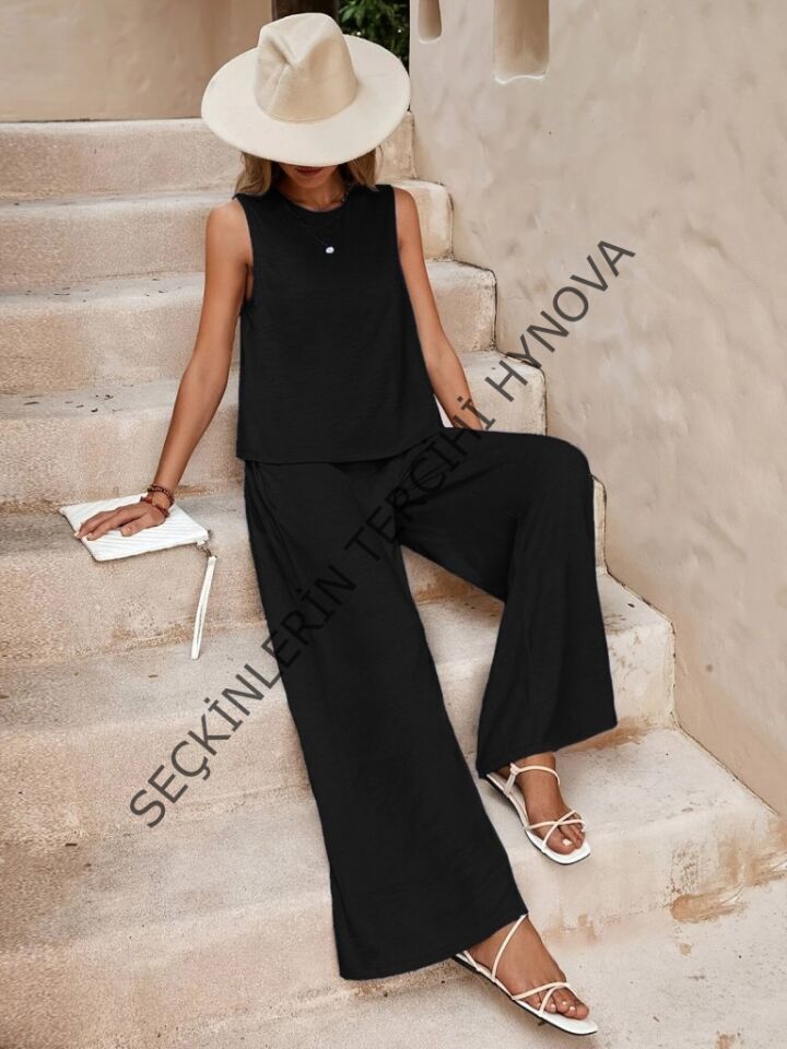 Kadın Sıfır Kollu Bisiklet Yaka Aerobin Bluz Ve Pantolon Ikili Takım