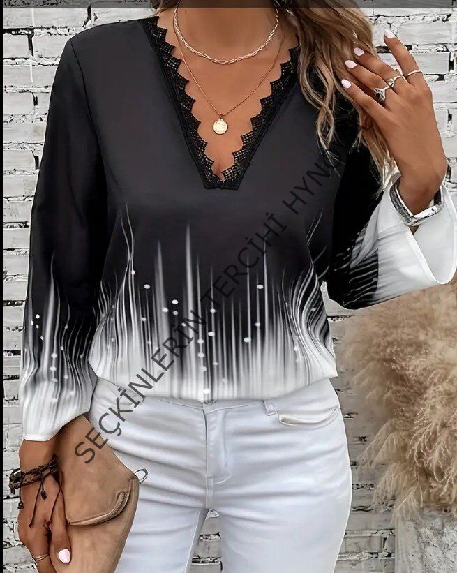 Kadın Uzun Kollu V Dantel Yaka Desenli Modal Bluz
