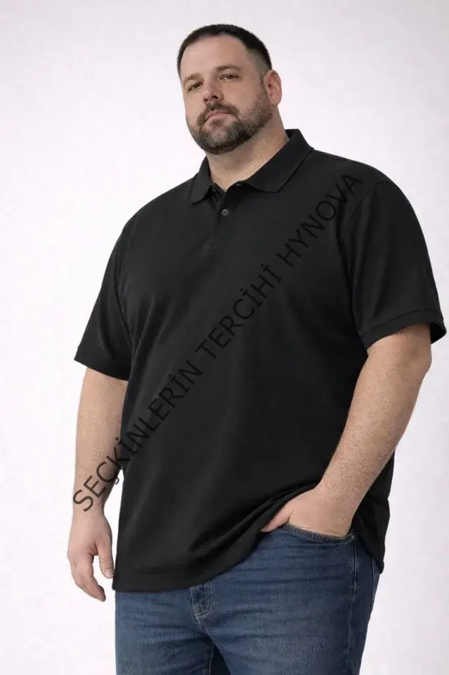 Erkek Pike Kumaş Düğmeli Yaka Battal Büyük Beden Günlük Kısa Kol Tişört T-shirt - Siyah