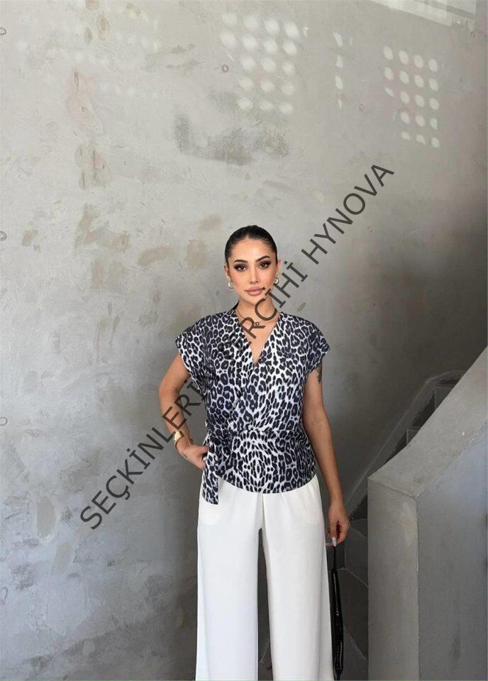 LEOPAR DESEN YANDAN BAĞLAMA DETAYLI BLUZ - Gri