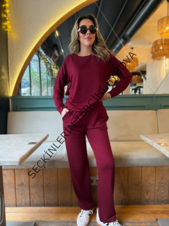 Kadın Uzun Kollu Bisiklet Yaka Viskon Iki Iplik Bluz Ve Pantolon Ikili Takım