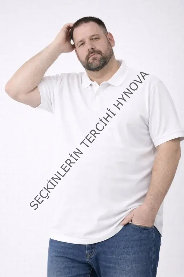 Erkek Pike Kumaş Düğmeli Yaka Battal Büyük Beden Günlük Kısa Kol Tişört T-shirt - Beyaz