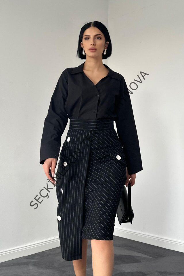 Siyah Çizgili Poliviskon Etek