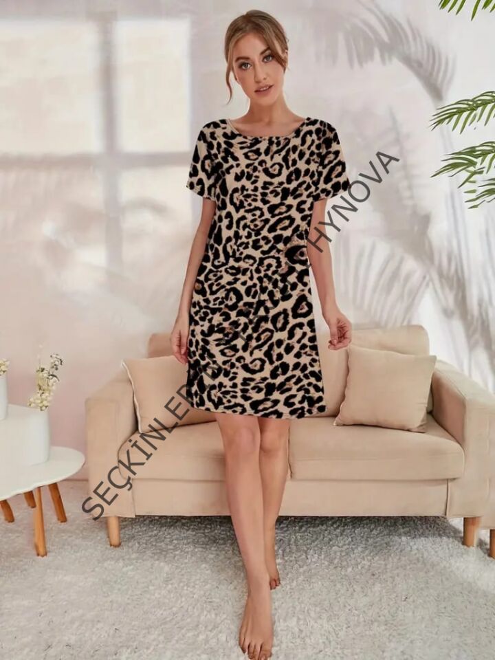 Kadın Kısa Kollu Bisiklet Yaka Leopa Desen Süprem Elbise