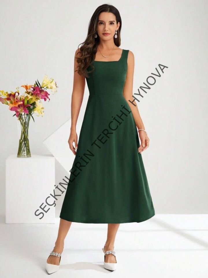 Kadın Askılı Kare Yakalı Midi Ithal Krep Elbise