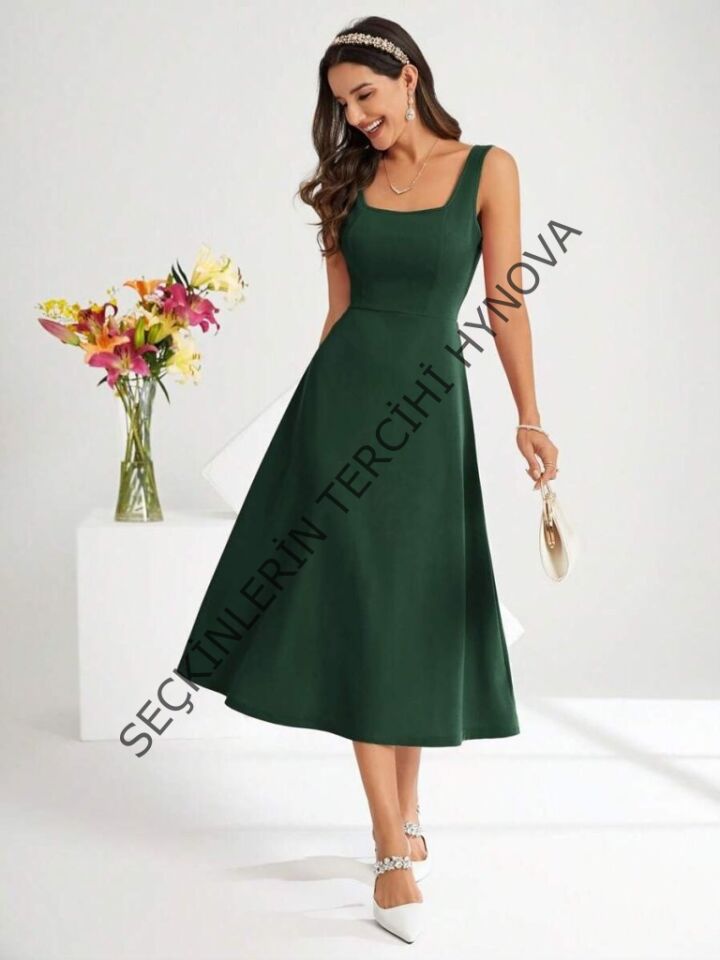 Kadın Askılı Kare Yakalı Midi Ithal Krep Elbise