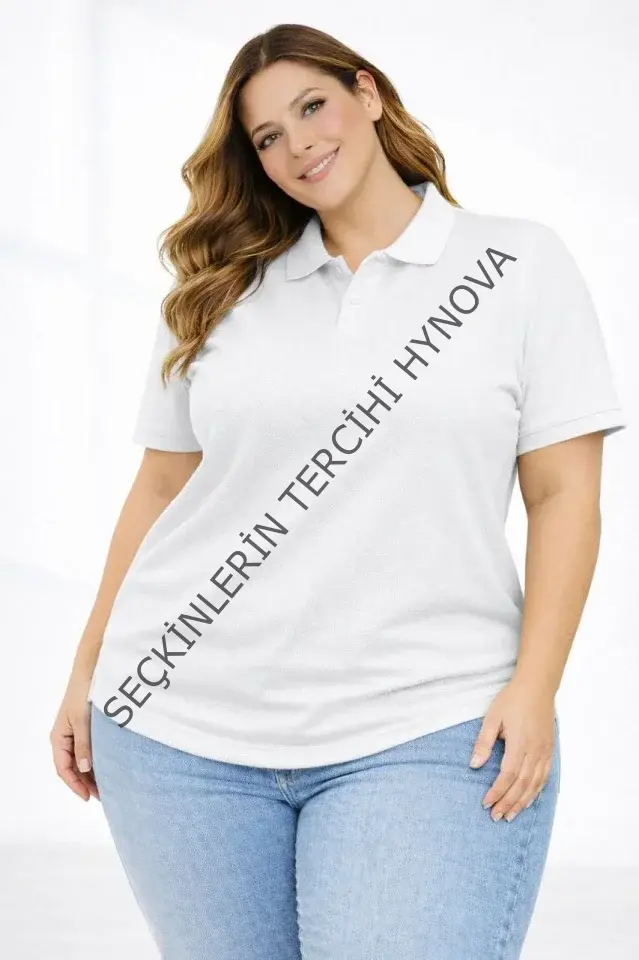 Pike Kumaş Düğmeli Yaka Battal Büyük Beden Günlük Kısa Kol Tişört T-shirt - Beyaz