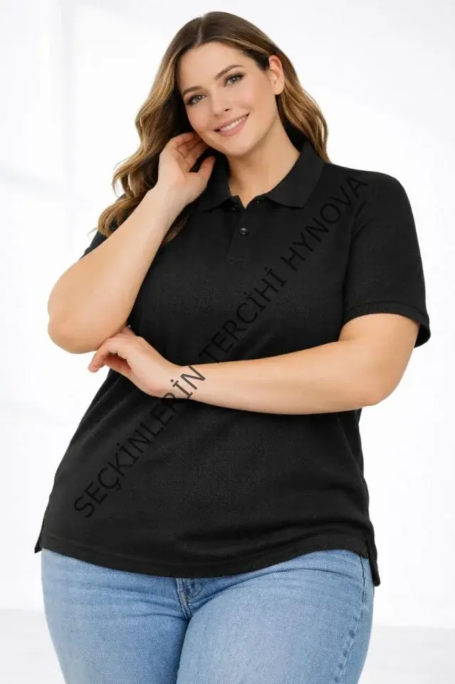 Pike Kumaş Düğmeli Yaka Battal Büyük Beden Günlük Kısa Kol Tişört T-shirt - Siyah