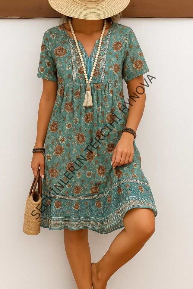 Kadın Kısa Kollu Yakası Bağcıklı önden Düğmeli Fırfır Desenli Süprem Elbise