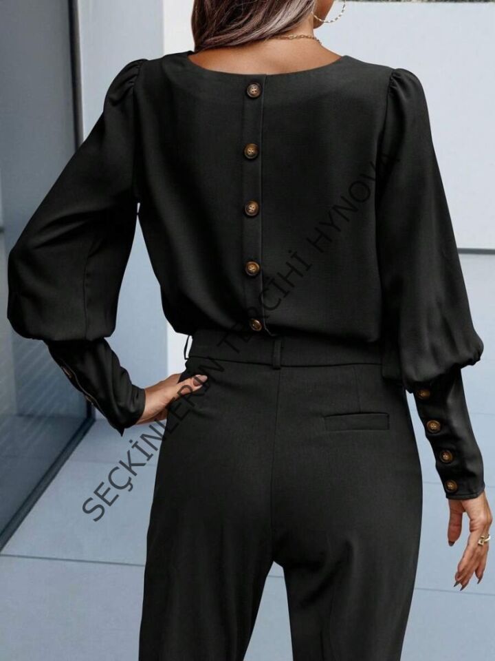 Kadın Uzun Kollu Yuvarlak Yakalı Düğmeli Ithal Krep Bluz