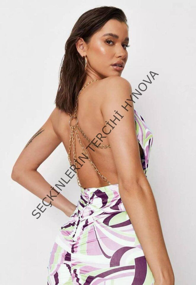 Kadın Zincir Detay Sırt Dekolteli Büzgü Detay Fırsat ürün Mini Elbise