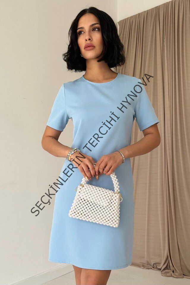 Mavi Kısa Kol Atlas Mini Elbise
