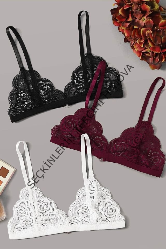 Kadın Siyah, Beyaz ve Bordo Dantelli Dolgusuz Sütyen – Modern ve Şık Tasarım
