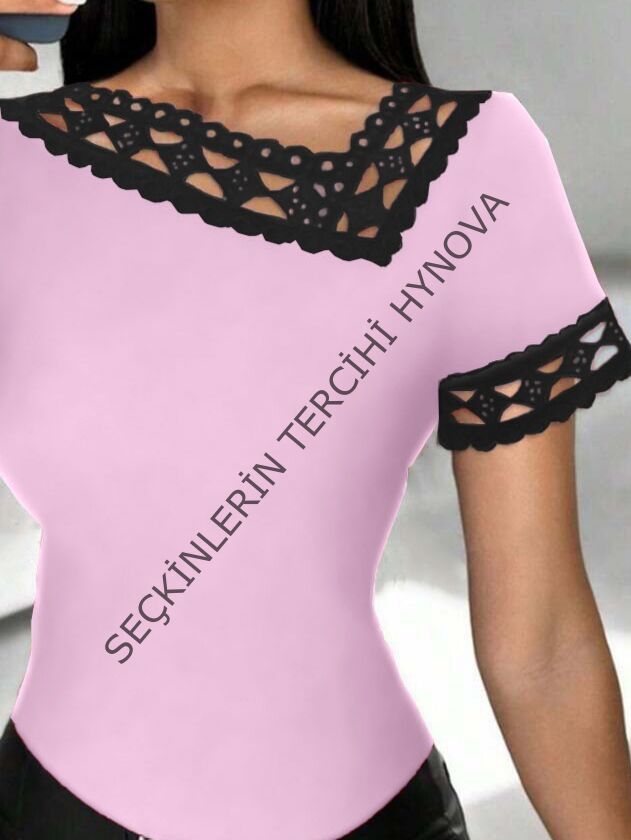 Kadın Kısa Kollu Dantel Yaka Viskon Bluz